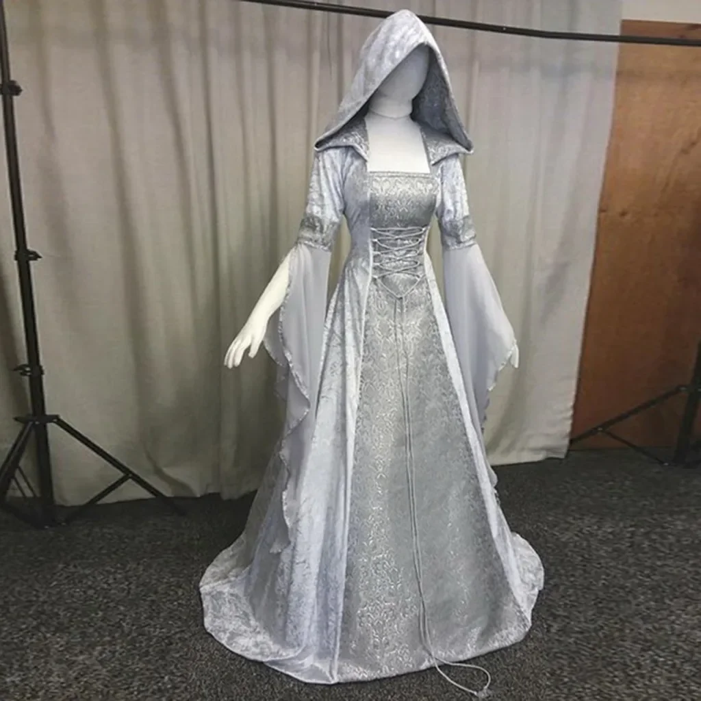 Abito da strega deluxe da donna, abito lungo con strascico medievale rinascimentale, costume da diavolo pagano per halloween, strega, abito da sposa con cappuccio