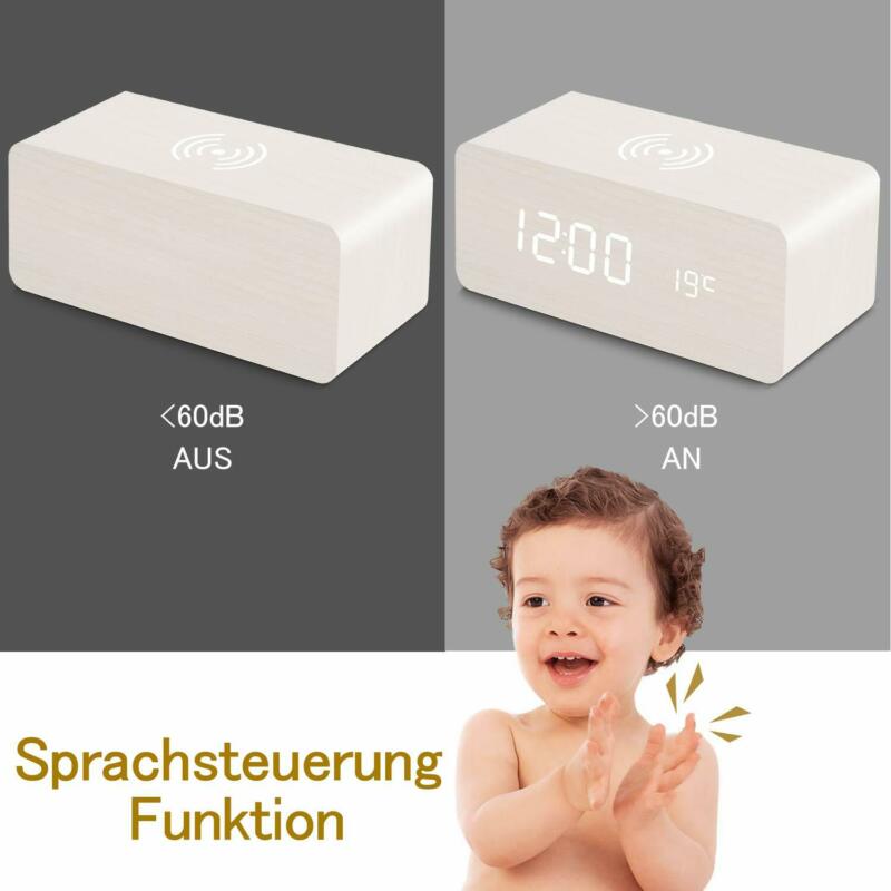 Moderne Houten Hout Digitale LED Desk Wekker Thermometer Qi Draadloze Oplader