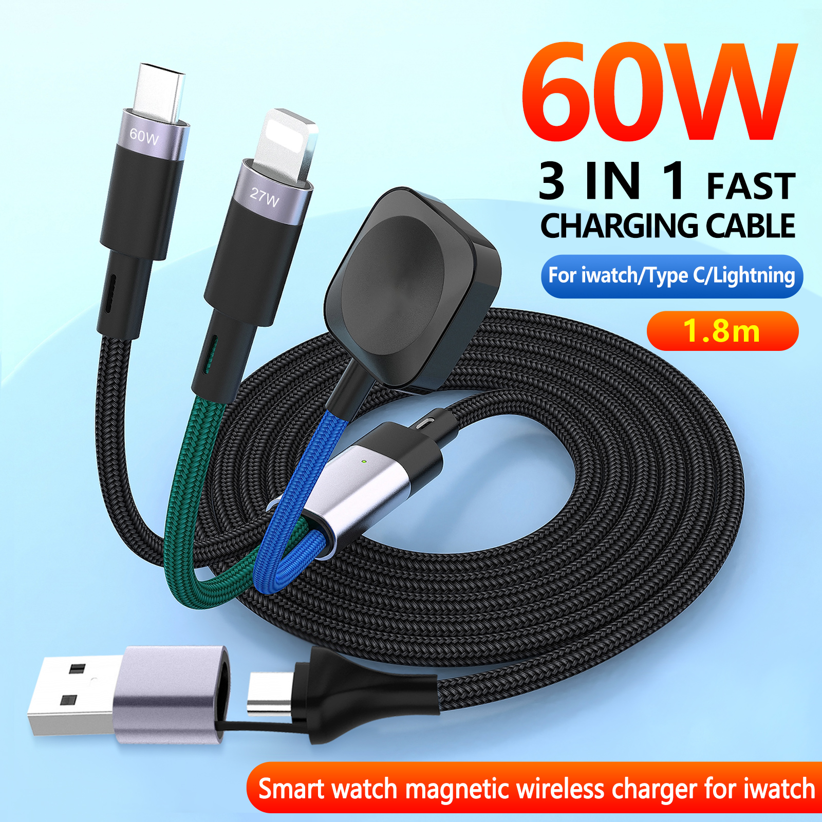 USB C Charger for Apple Watch, 3 in 2 Charging Cable with for Apple iWatch iPhone 15/14/13/12Pro, Nylon Braided-line: black / 5m