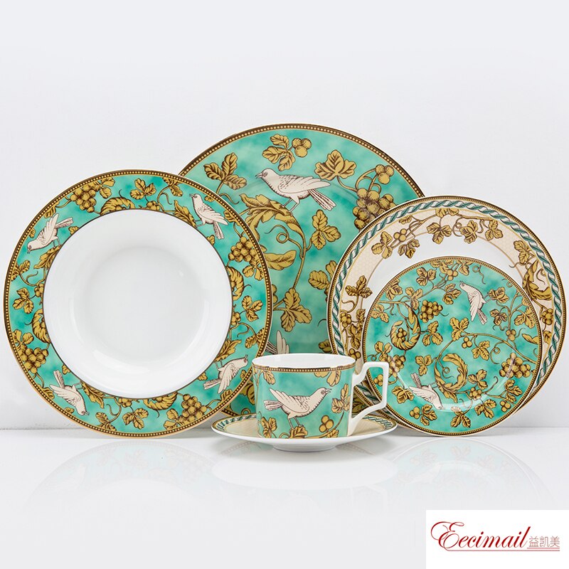 EECAMAIL British Style Bone China Model Room Club Western Tableware Steak Plate Home Salad Plate Golden Bird Series Set