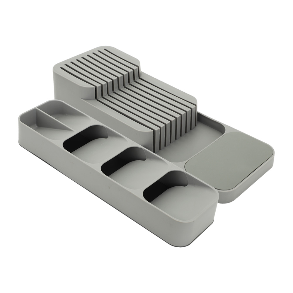 Kitchen Cutlery Storage Box Plastic Tray Knife Holder Tableware Organizer Spoon Fork Divider Container Knife Block Holder: Grey Set