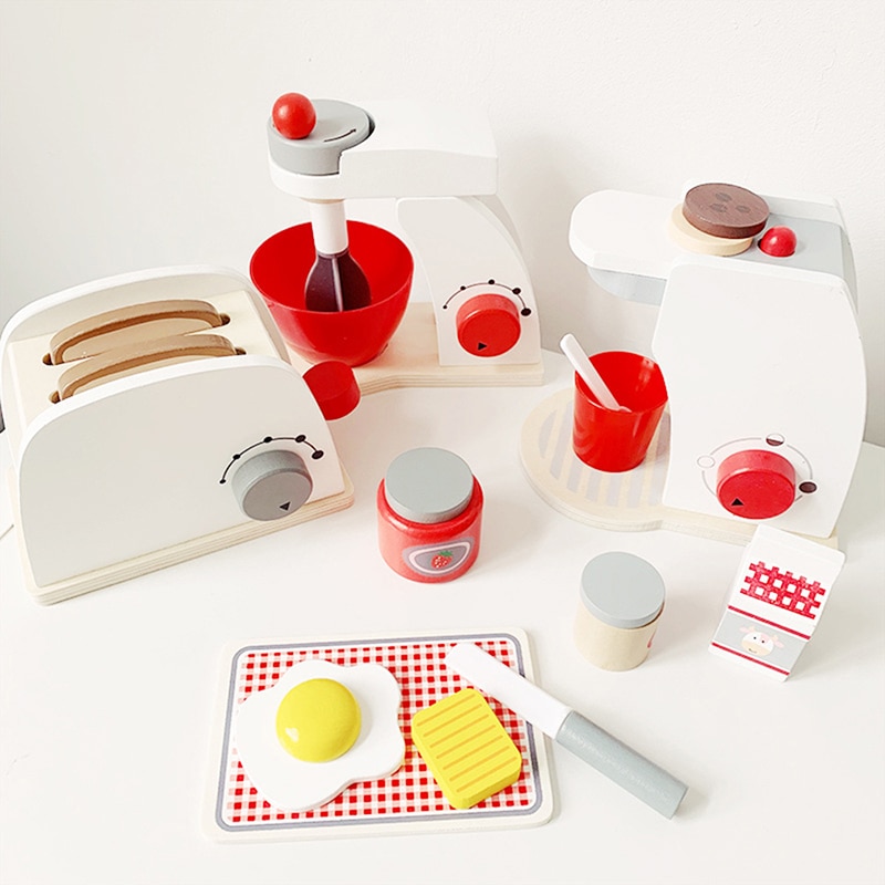 Wooden Pretend Play Sets Simulation Toasters Bread Maker Coffee Machine Blender Baking Kit Game Mixer Kitchen Role Toy Wood