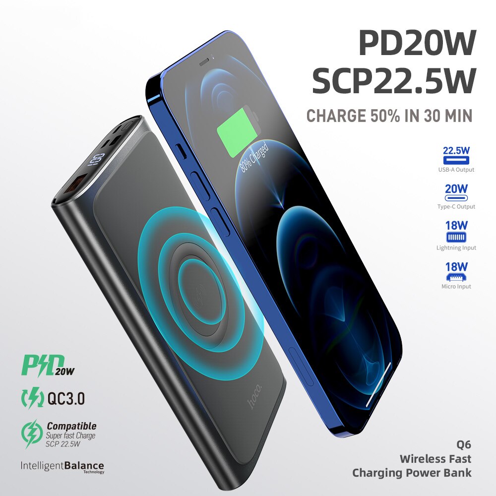 Hoco Power Bank 10000Mah 22.5W Pd Snel Opladen Met 15W Draadloze Opladen Powerbank Draagbare Batterij Voor iphone 13 12 11