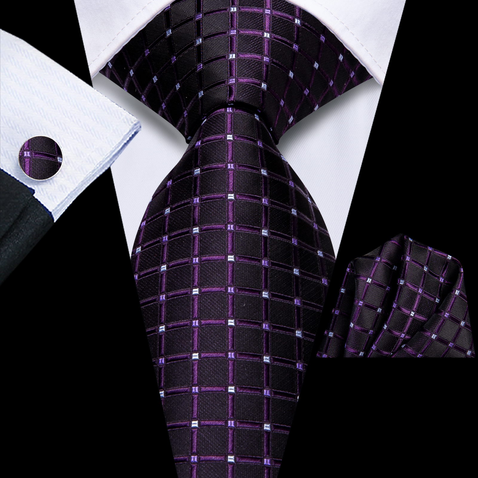 Hallo-binden Plaid Punkte Lila Grau Herren Elegante Krawatte Taschentuch Manschettenknöpfe für Rauchen Klassische Seide Luxus Krawatte für Mann