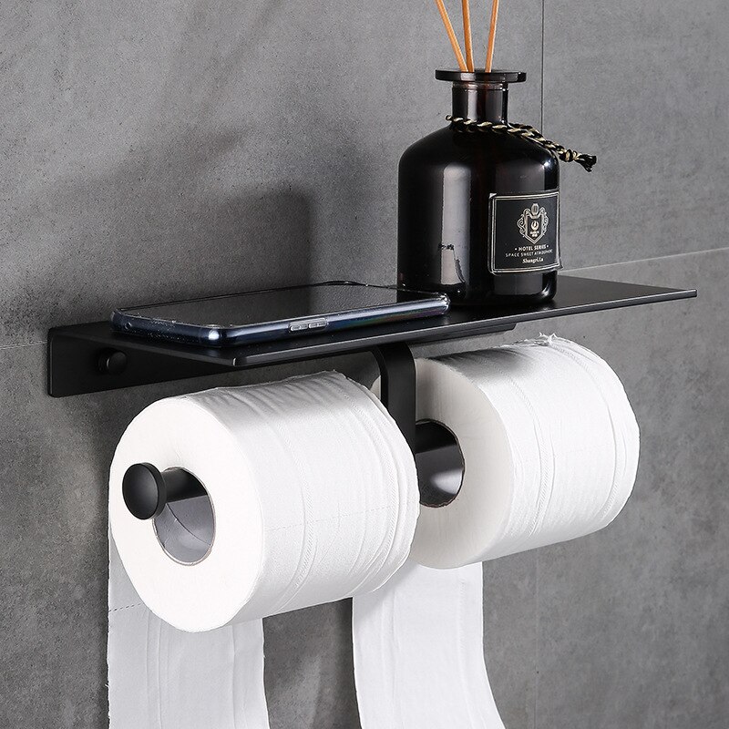 Matte Black Wc Papierrolhouder Badkamer Accessoires Wc Handdoek Houder Rack Plank Dubbele Muur Toiletrolhouder