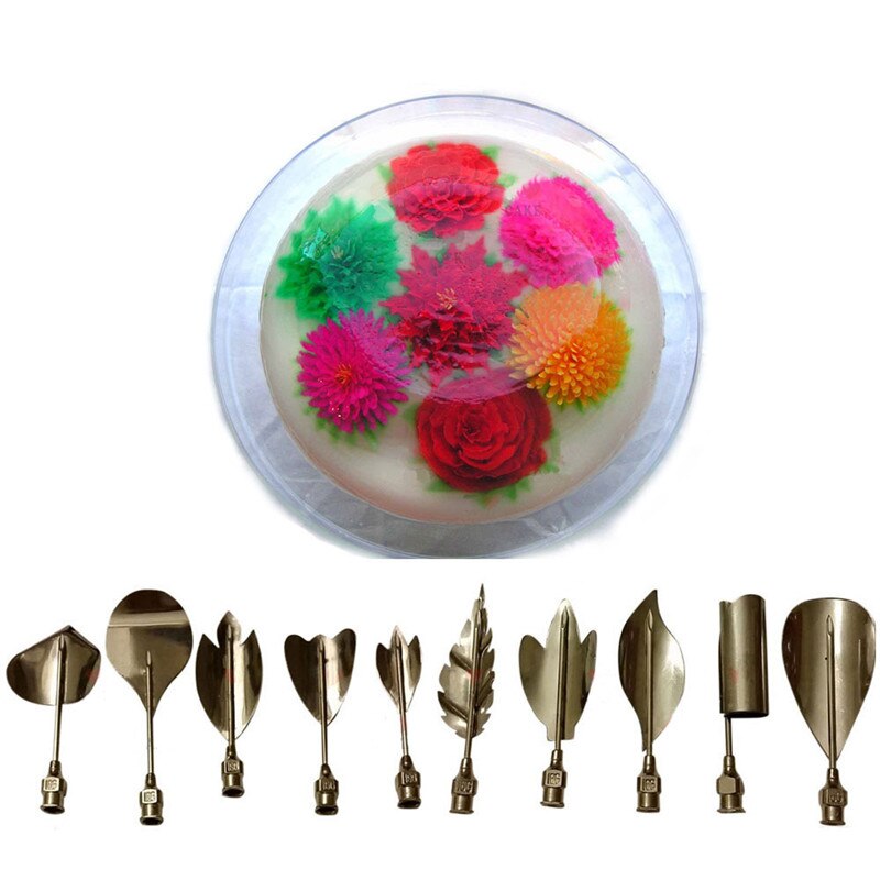 10 Stks/set 3D Gelatine Jello Jelly Art Pudding Bloem Cake Decorating Mold Pudding Naald Nozzle Gereedschap