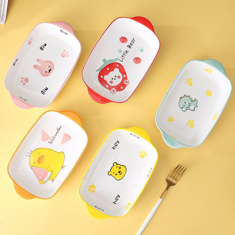 Plate Sets baked rice baking tray ceramic baking tray salad tray net red dish tableware oven tray cartoon cute baking