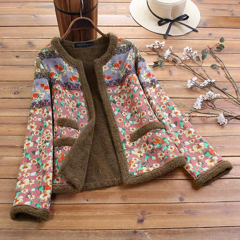 Vintage Open Voorzijde Pluche Pluizige Jassen ZANZEA Winter Bloemen Gedrukt Jassen Vrouwen Lange Mouw Uitloper Vrouwelijke Jas Chaqueta