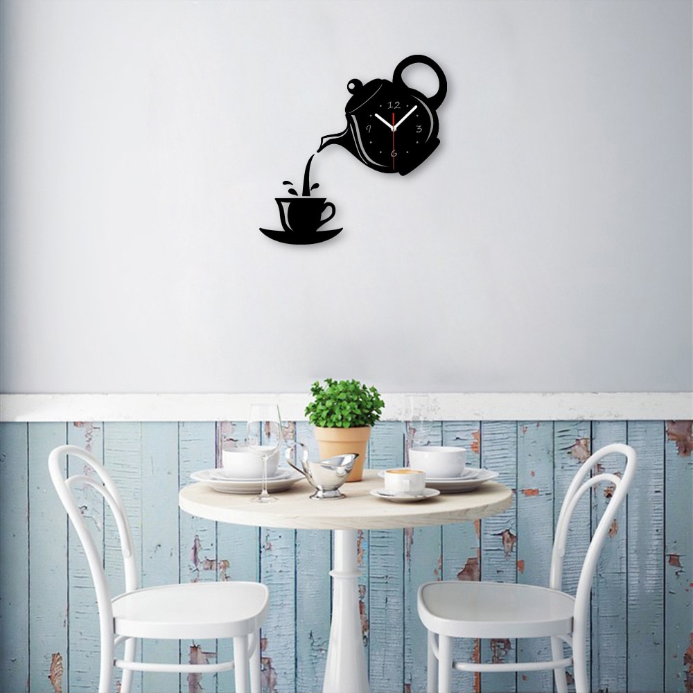 Horloge murale 3D en acrylique pour théière de café, décoration créative pour le salon, la salle à manger et la maison