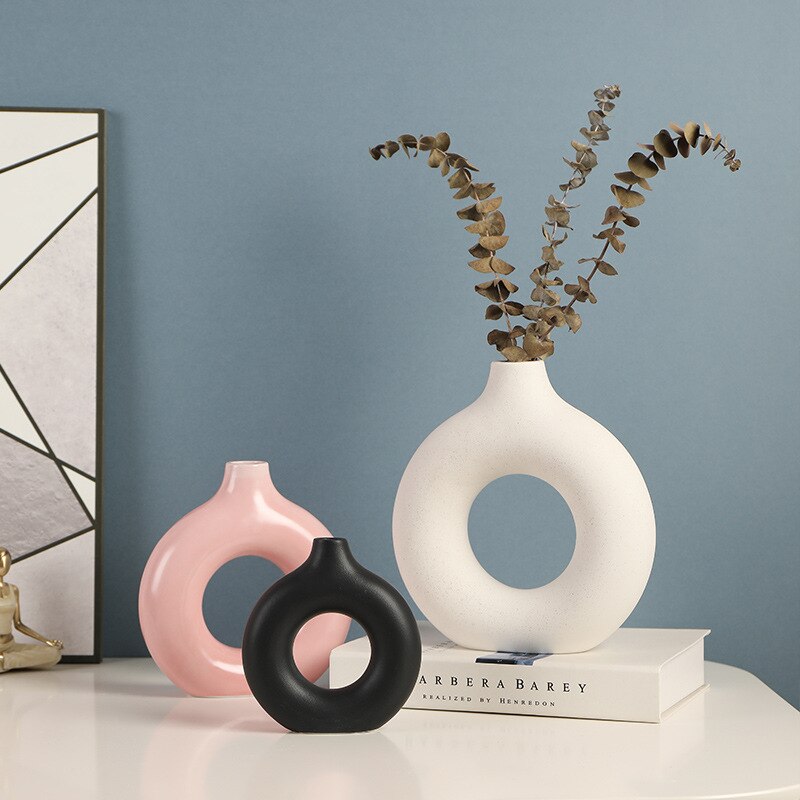 Jarrón de cerámica hueco Circular nórdico, maceta de donas, accesorios de decoración del hogar, oficina, escritorio, sala de estar, de decoración Interior