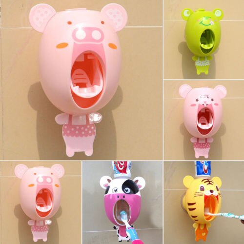 Cute Cartoon Plastic Automatic Toothpaste Dispenser Wall Mount Stand Bathroom