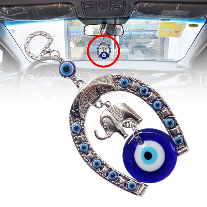 Herradura de ojo de caballo azul turco de 13x6,5 cm, amuleto colgante de pared con elefante y cinta, colgantes étnicos de la suerte, decoraciones para el hogar