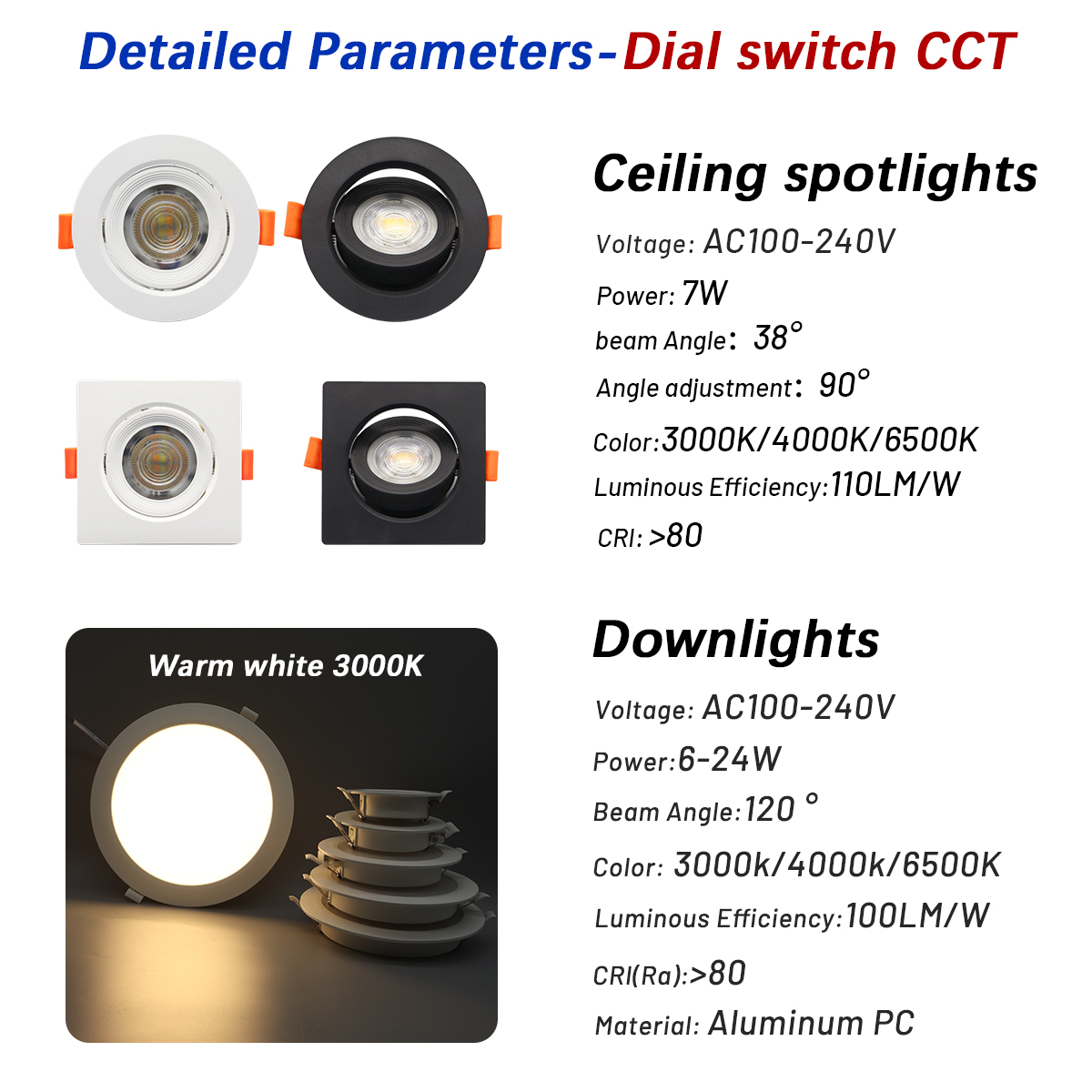 2 uds foco LED empotrable Dial Swich CCT luz de techo ajustada de 3 colores AC 120V 220V 3000K 4000K 6500K iluminación interior
