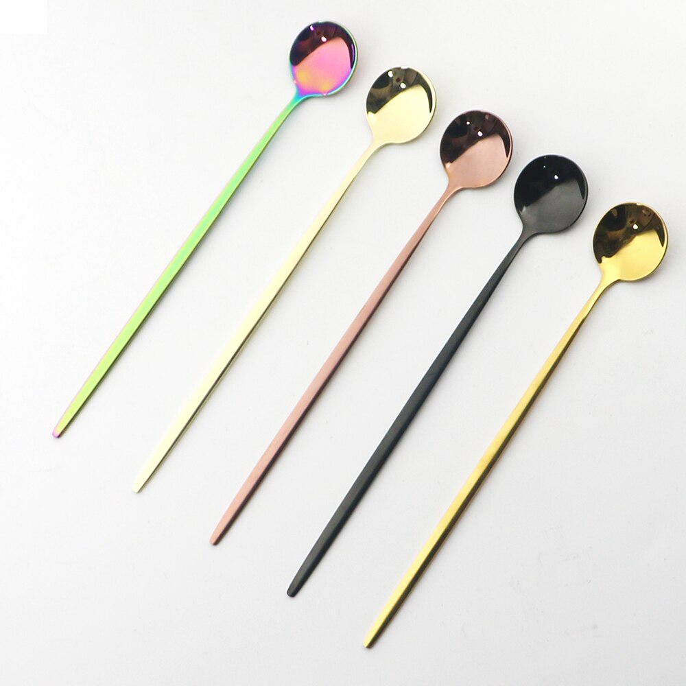 6Pcs Rainbow Long Hangdle Spoon For Polished Stirring Drink Dessert Ice Cream Spoon Cutlery Flatware Steainless Steel Tableware