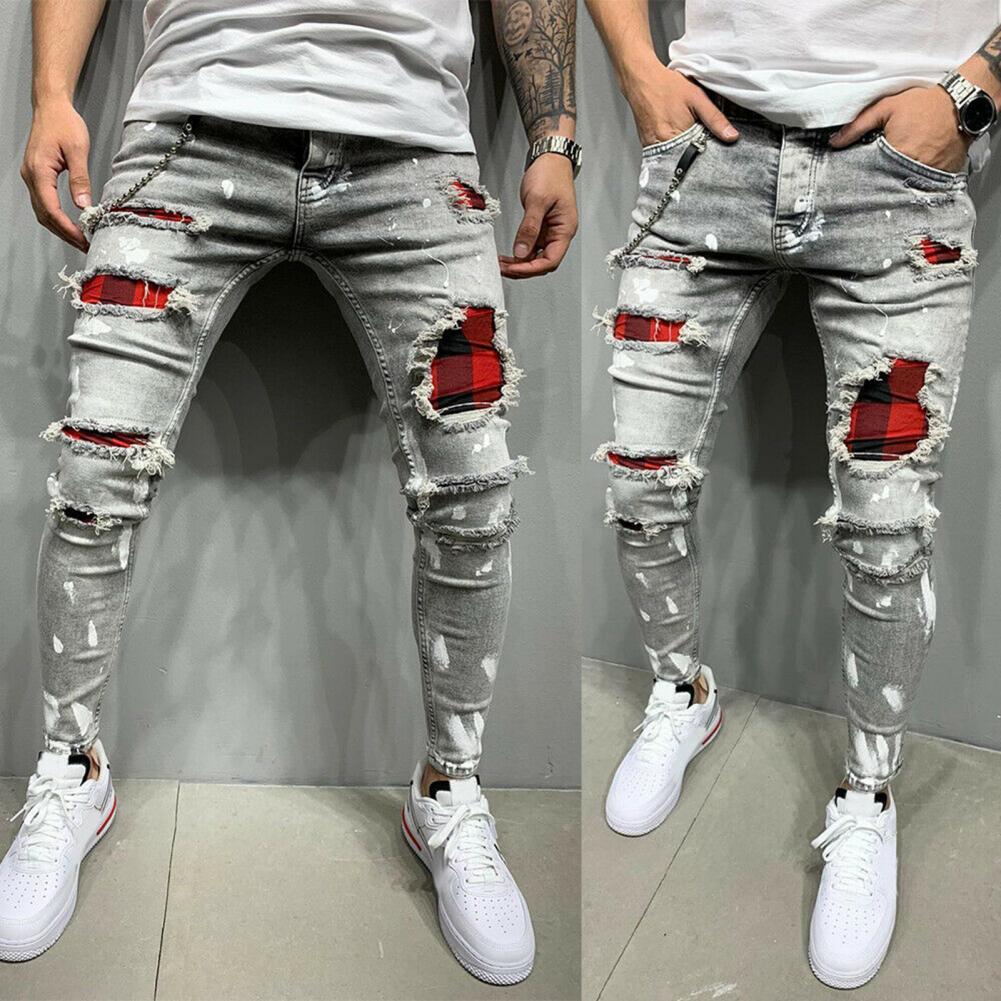 Men Jeans Solid Color Patchwork Skinny Fit Ripped Jeans Stretch Denim Pants Women clothing Streetwear мужские комплекты