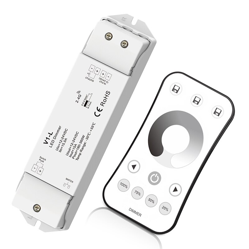 Led Strip Dimmer 2.4G RF Wireless Remote Dimming 12V 24V Input 15A Output For 5050 3528 Single Color String Ribbon Use: V1-L and R6-1