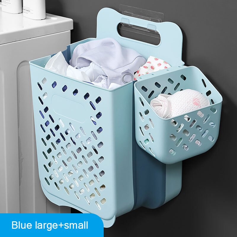 Bathroom Folding Dirty Clothes Storage Basket Laundry Basket Household Wall Hanging Large Portable Punch-Free Put Clothes Bucket: Large Blue Set