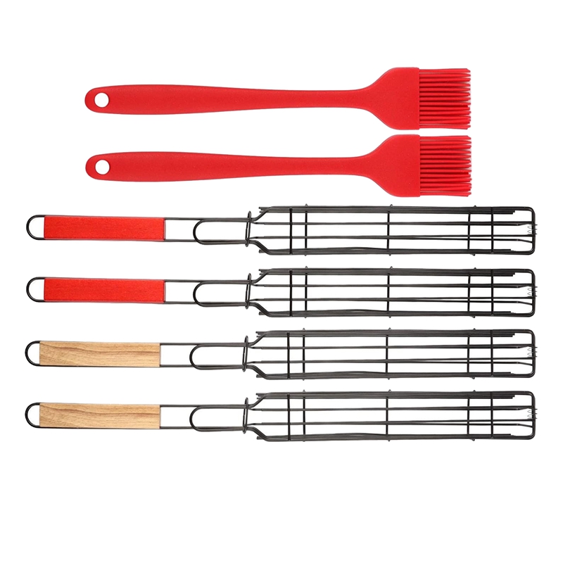 Panier de grillades Kabob, manche en bois réutilisable et Durable, outil de Barbecue, filet de gril avec 2 brosses en Silicone, 4 pièces: Default Title