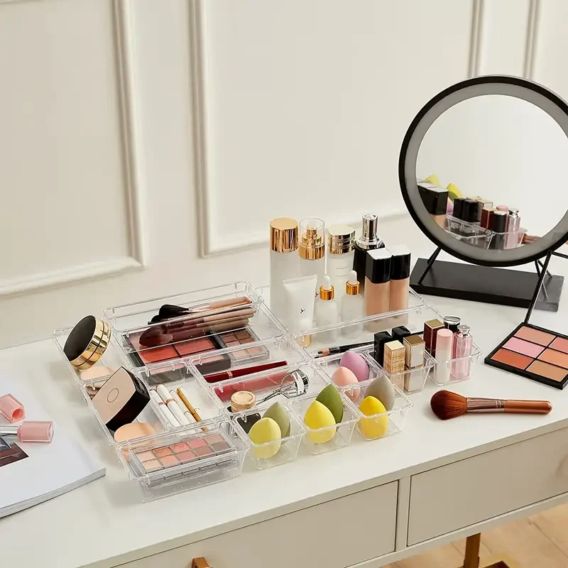 10-delige veelzijdige lade-organizerset - doorzichtige plastic dienbladen en verdelers in 4 maten voor perfecte make-up en keukenopslag