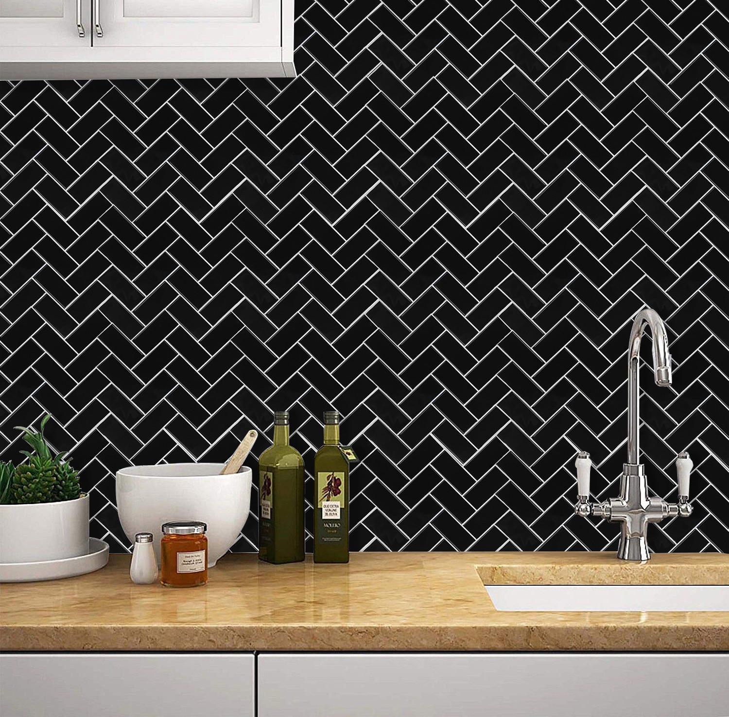 Black Herringbone Style Wall Tiles DIY Kitchen Backsplash Peel And Stick Tiles Waterproof Vinyl Wallpaper
