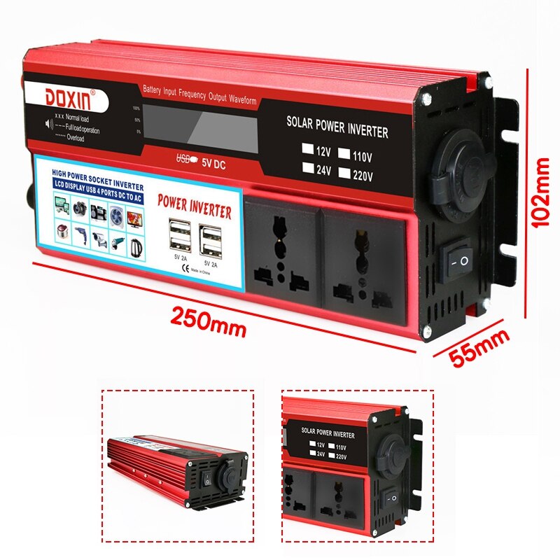 6000W 4 USB Solar Power Inverter DC12/24V to AC 220V Multi-socket Car Inverter Power Supply Car Adapter Charge Converter