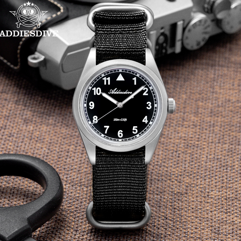 Reloj de cuarzo ADDIESDIVE, correa de nailon luminosa, cristal de espejo de burbuja de acero 316L VH31, caja arenada de buceo de 100M, reloj de hombre de 36mm