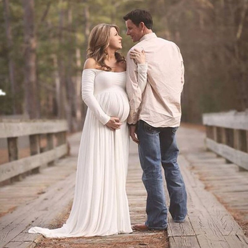 Maternity Dresses For Photo Shoot Chiffon Pregnancy Dress Photography Props Maxi Gown Dresses For Pregnant Women Clothes: Long Sleeve White / XL