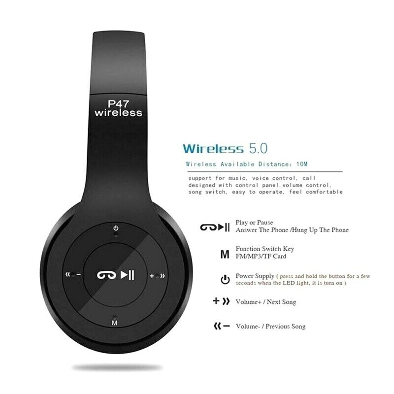 Multifunctional Wireless Stereo Bluetooth Headphone MP3 Player FM Radio Headset for iOS Android Men Women: Black No Box