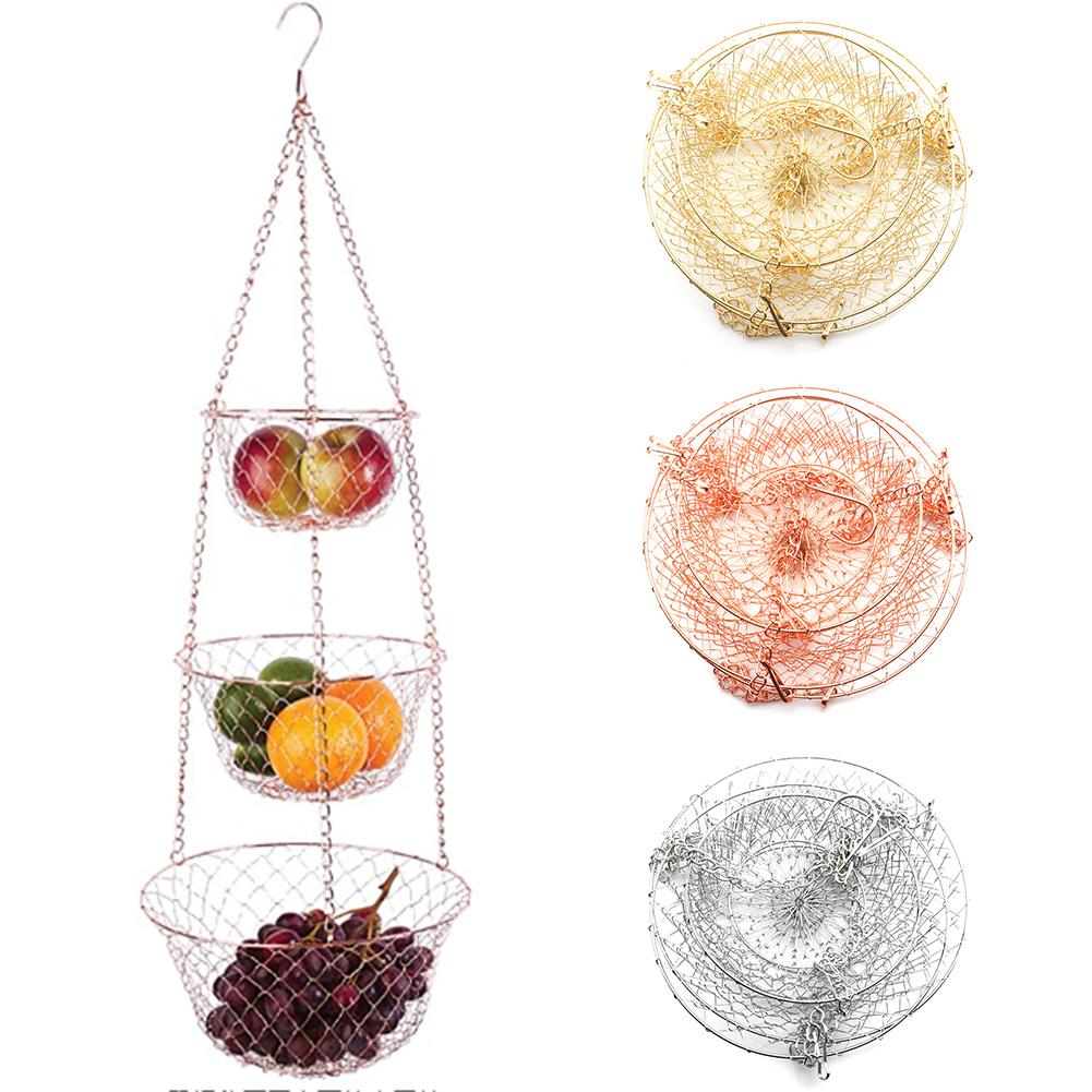 3-Tier Kitchen Hanging Fruit Basket Wire Hanging Folding Basket for Kitchen Storage