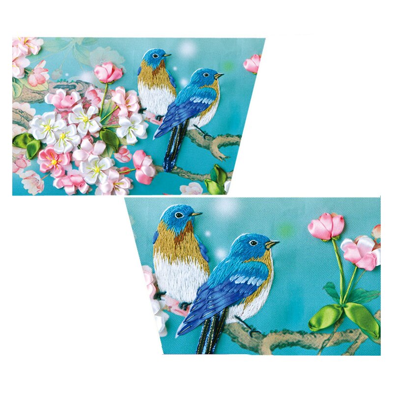 Flor pájaro seda cinta bordado 3D lienzo pintura satén punto de cruz kit artesanía de costura DIY home dec pegatina de pared