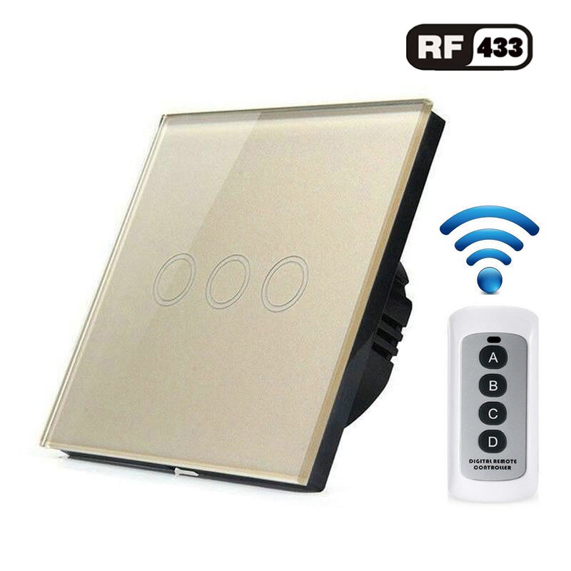 Standard Eu Wireless Remote Control Touch Switch For Rf433 Intelligent Wall Switch 1 / 2 / 3 / Band Glass Touch Switch: golden 2 gang