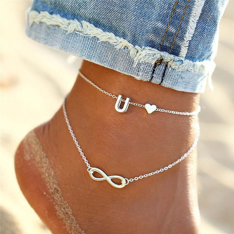 Heart Infinity Female Anklets Silver Color 26 Initial Letter Beach Foot Ankle Chain Bracelets for Women Jewelry