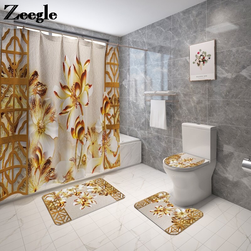 Tapete do banheiro tapete de banho floral com cortina de chuveiro conjunto flanela toalete capa de assento tapete de banho de absorção de água tapetes do banheiro