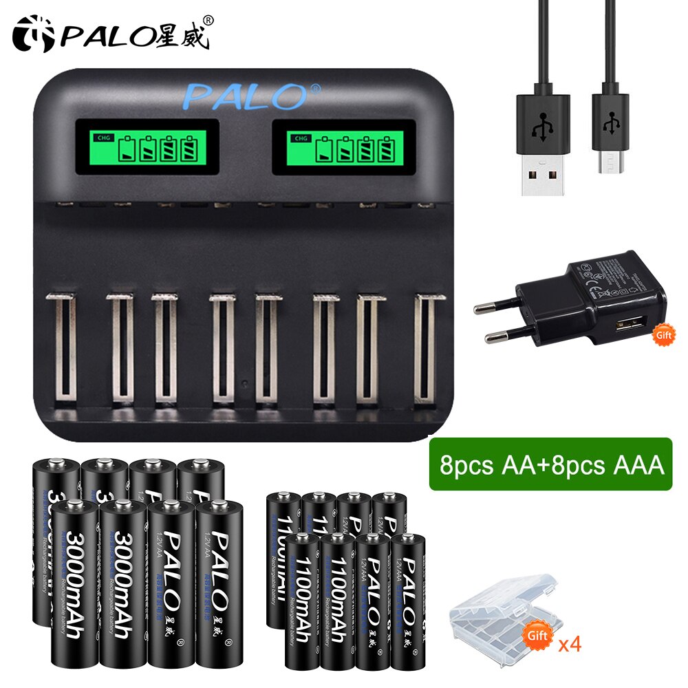 8Pcs 1.2v AA Battery Rechargeable+1.2V Nimh AAA Rechargeable Battery+Lcd Display Usb Smart Battery Charger For 1.2V Nimh AA AAA: charger and 8AAA AA