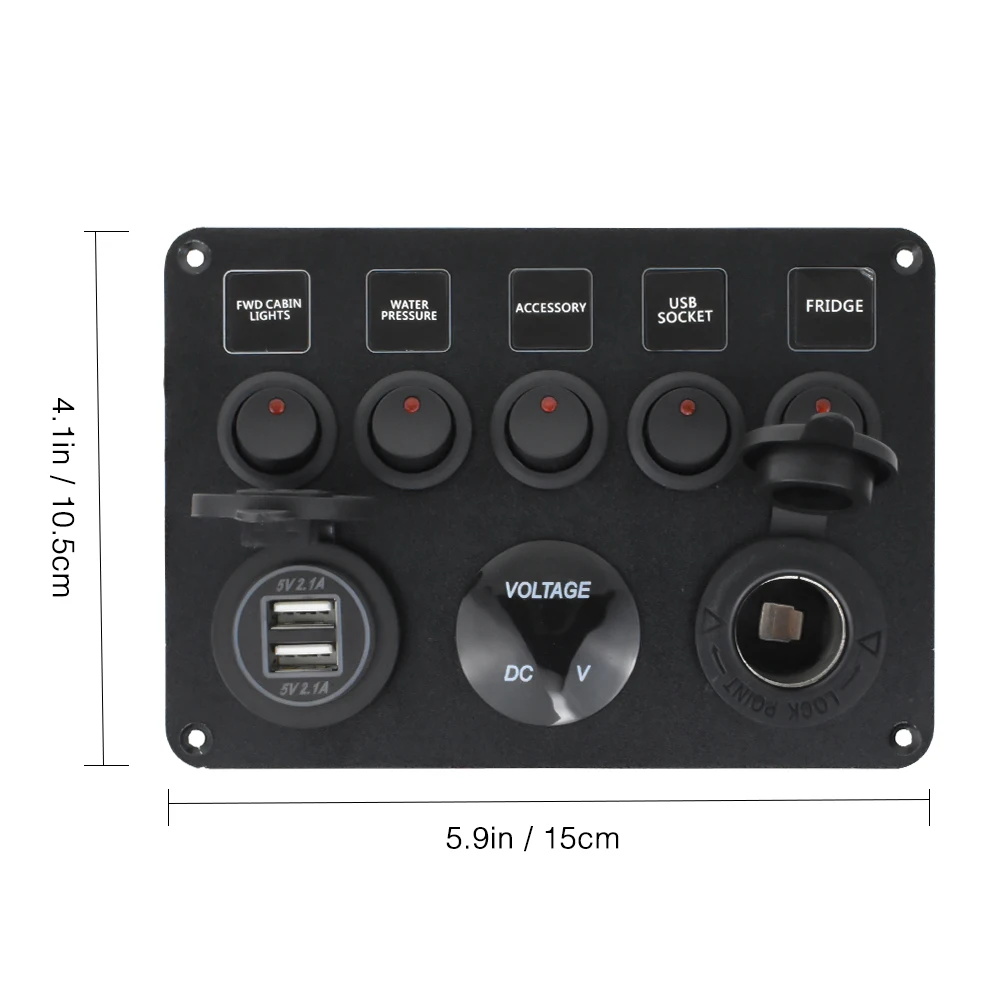 Boat Switch Panel Car Switch Panel Waterproof Digital Voltmeter Dual USB Port 12V Outlet Combination Marine LED Rocker 5 Gang