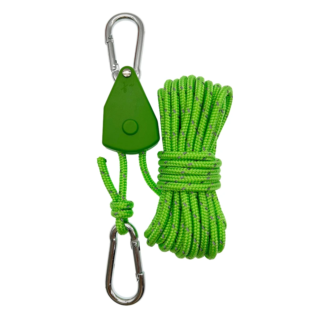 5m Camping Rope Tent Adjustable Rope Fastener Fixed Buckle Pulley Tensioner Ratchet Hangers Lights Camping Awning Wind Rope: green