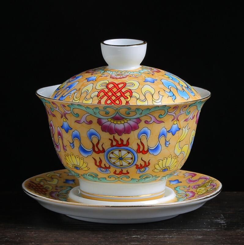 150ml ekstra store blå og hvide porcelæn otte skatte gaiwan kinesisk te skål gul keramisk te terrin te kop underkop sæt: E