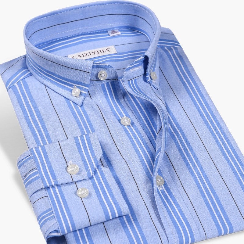 Men's Cotton Striped Button Cuff Dress Shirts Pocket-less Contrast Colors Casual Standard-fit Long Sleeve Shirt