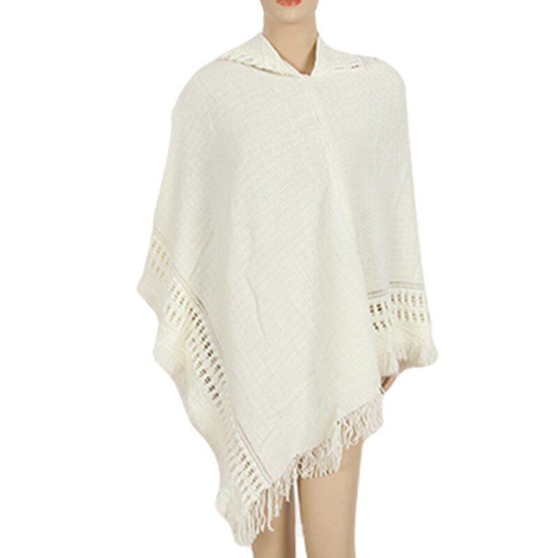 Frauen Mantel Mit Kapuze Pullover Stricken Batwing Top Poncho Mit Kapuze Cape-Mantel Quaste Pullover Outwear: White