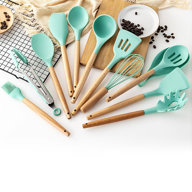 Mint Green Kitchen Utensil Non-Stick Wood Handle Cooking Utensil Premium Silicone Material Baking Spatula Spoon Kitchen Supplies