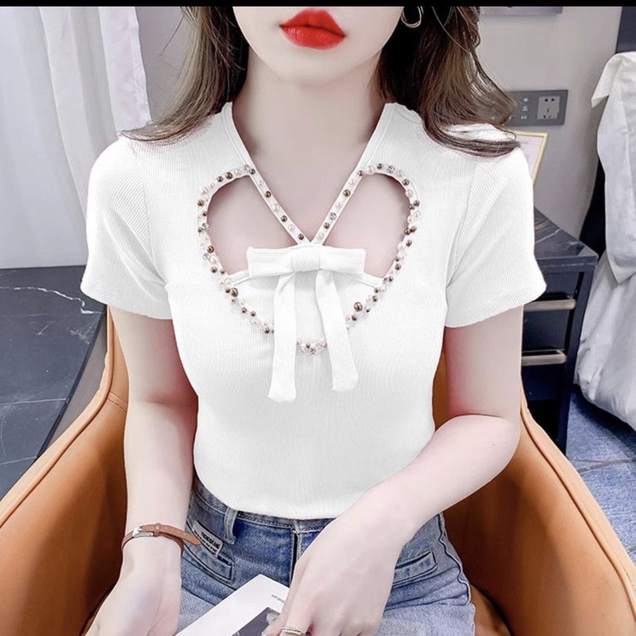 Short Sleeve Women's Summer Beautiful Bow T-shirt Beaded Sense Niche Unique Chic Top: M / Malachite Blue