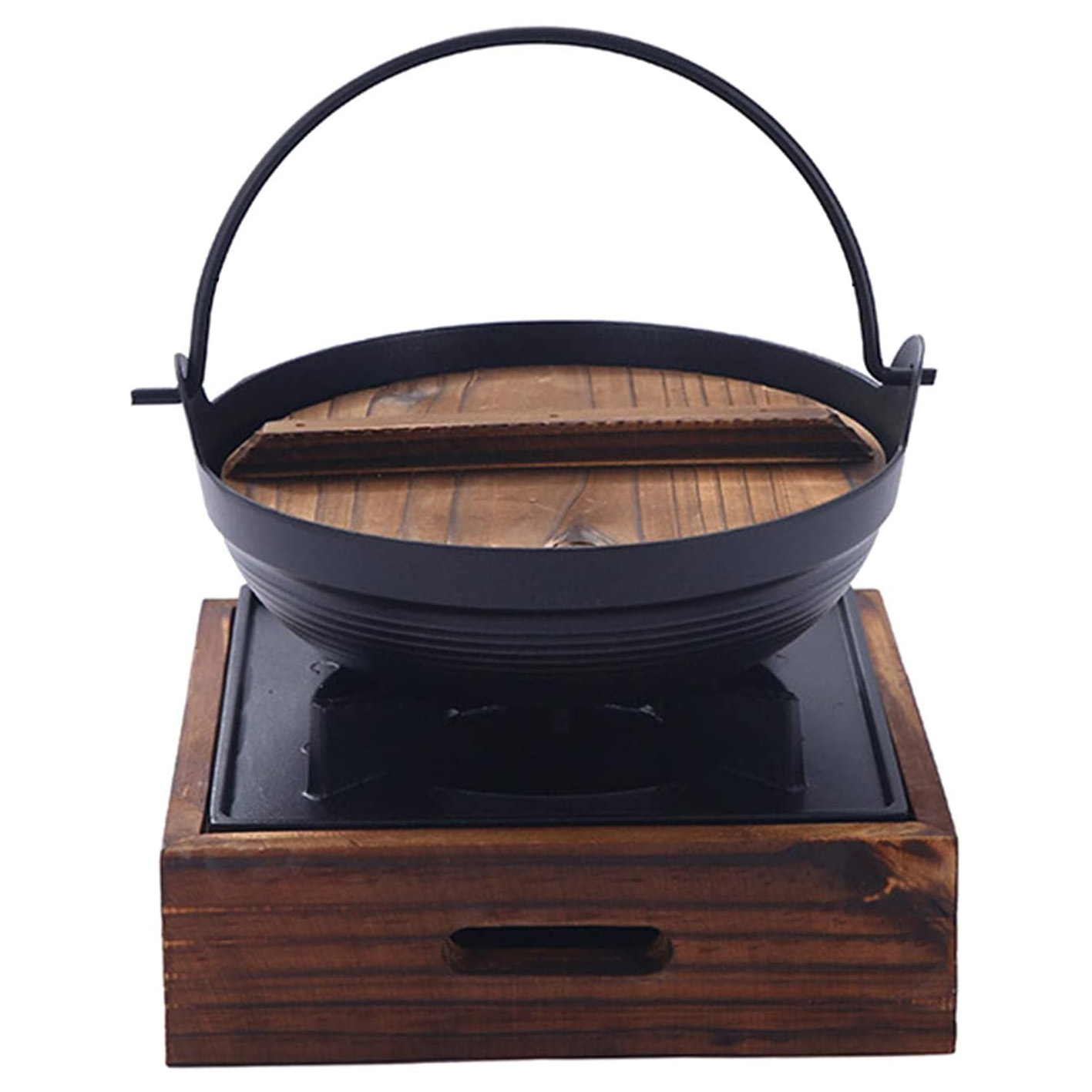 Olla japonesa Sukiyaki de hierro fundido, Wok con tapa de madera, japonés, olla , estufa colgante, herramienta de cocina para el hogar y restaurante