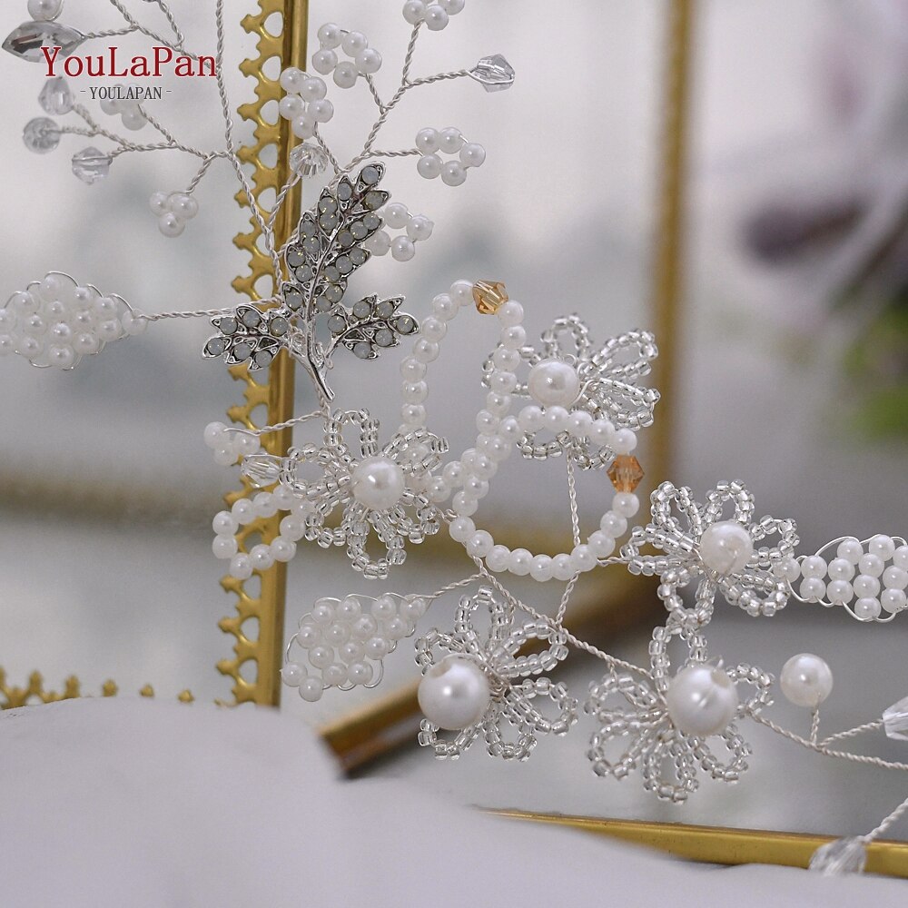 Extensiones de pelo de novia Vintage TOPQUEEN, diadema de perlas de plata para boda, diadema de cristal para novia HP07