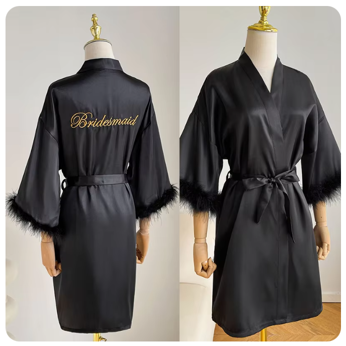 Peignoir en satin blanc avec plumes pour femme, robe de mariée, kimono sexy pour demoiselle d'honneur, quel que soit le court, peignoir pour patients, InDispensLingerie