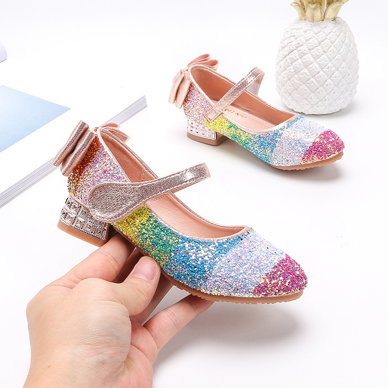 Lemai nó azul sapatos de couro para meninas novo 2021 criança arco-íris lantejoulas princesa sapatos crianças de cristal de salto alto único sapatos