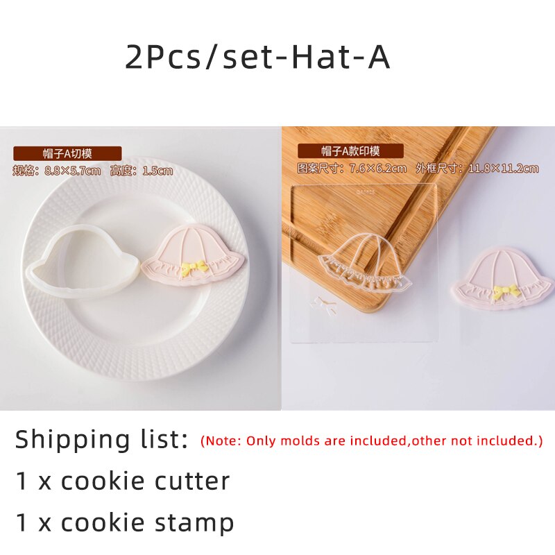 2Pcs Baby Clothes Embossed Cookie Mold Kids Birthday Cake Decorating Tools Fondant Biscuit Cutter Boy Girl Party Dessert Mold: Hat-A