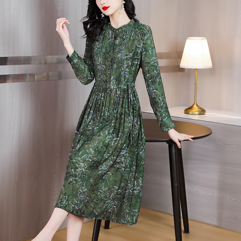 Sidenklänning tryck långärmad grön satin midiklänning kvinnor vintage casual festklänningar vår höst vestidos: Xxxl