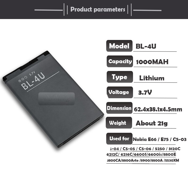 BL-4U BL4U Bl 4U Oplaadbare Li-Ion Telefoon Batterij Voor Nokia E75 5730 C5-03 C5-06 5250 530 3120C 6216C 6212c 6600S E66 Asha 300