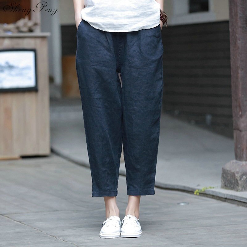 Pantalones bombachos elegantes de lino y algodón para mujer, pantalón de trabajo de cintura elástica con bolsillos, informales, color sólido, talla grande, Q755: 1