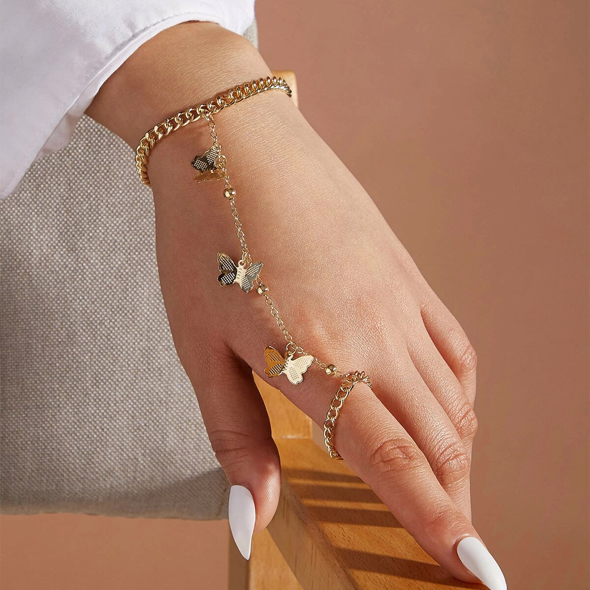 Gold Snake Wrist Chain Bracelet Butterfly Moon Star Pendant Connected Metal Finger Ring for Women Hand Jewelry: 2 Gold